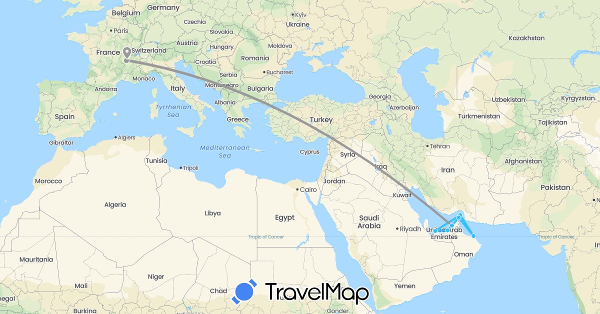 TravelMap itinerary: driving, plane, boat in United Arab Emirates, France, Oman (Asia, Europe)